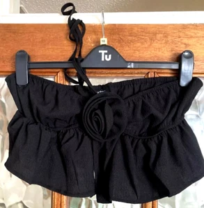 BNWT Ladies BOOHOO Ebony RAVEN BLACK 3D Rose Crop CORSAGE Tie HALTER NECK Top 16 - Picture 1 of 4