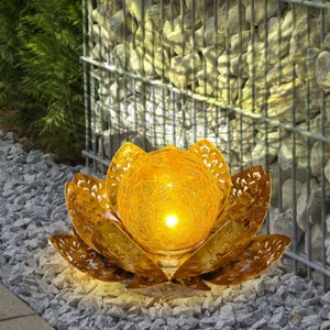 LED Solar Lotus Blüte mit Leucht Kugel - 20cm - Crackle Bruch Glas Garten Deko - Bild 1 von 12