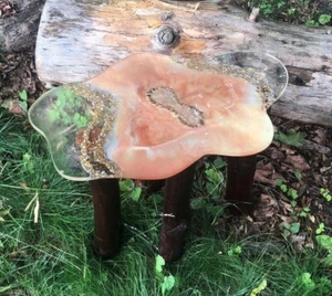 biomorphic epoxy resin table with natural birchwood legs  - Picture 1 of 3