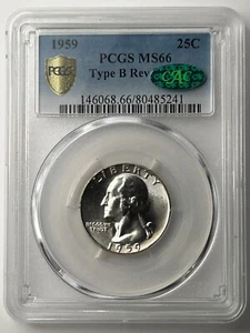 1959 P Washington Quarter PCGS MS66 Type B Reverse CAC Green (PCGS Pop 67) PQ - Picture 1 of 8