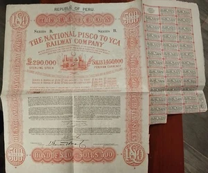 Perú 1869 República Nacional Pisco a Yca Ferrocarril 100 Sterling Cupones Bono Préstamo - Imagen 1 de 7