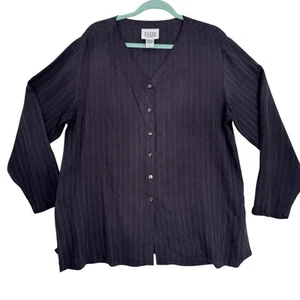 Eileen Fisher 100% Silk Button Down Blouse Womens L Deep Purple Striped Career - Picture 1 of 13
