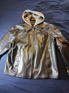 Guess Herren schwarz Kunstleder Motorrad Mantel Jacke Gr. XL mit Kapuze - Bild 1 von 5