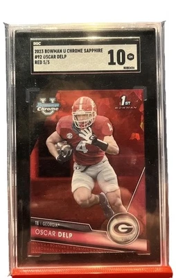 2023 Bowman U Chrome Sapphire Football Oscar Delp 1st Red /5 SGC 10 - Image 1 of 2
