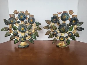 2 VTG Mexican Tree of Life Candle Holder Terracotta Folk Art Clay Candelabra  - Picture 1 of 16