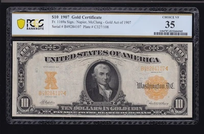 US 1907 $10 Gold Certificate Napier/McClung Act of 1907 FR 1169a PCGS 35 (107) - Image 1 of 2