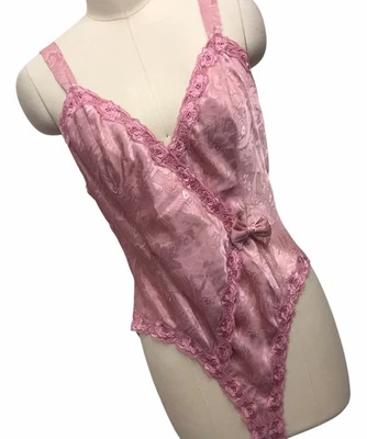 VTG Victoria’s Secret Pink Satin Lace Teddy Coquette Bow 90’s Y2K Bodysuit Sz L - Image 1 of 4
