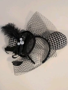 Disney Parks Mickey Ears Houndstooth Black White Lace and Feathers & Rhinestone - Picture 1 of 3