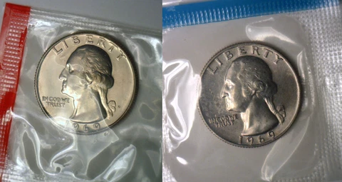 1969 P and D Washington Quarter TWO Coins from US Mint Uncirculated Set BU Cello Cover