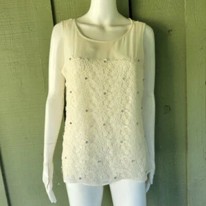 New ANN TAYLOR White Lace Front Rhinestone Top Medium M - Picture 1 of 7