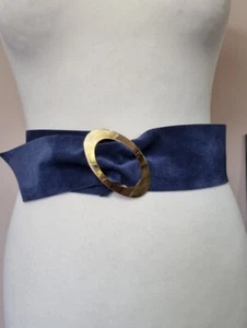Cinturón Cintura Ancha Borde Crudo Cuero Gamuza Azul Vintage Hebilla Dorada 8 10 12 95cm - Imagen 1 de 9