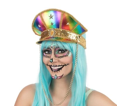 Adult Deluxe Rainbow Multicoloured Captains Military Hat / Cap Fancy Dress  - Image 1 of 3