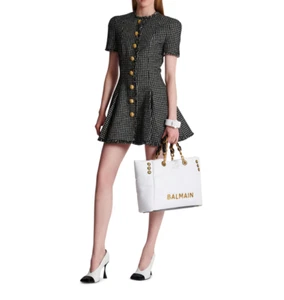 NWT BALMAIN Black/Ecru Gingham Tweed Pleated Mini Dress F 36/US 4 $3,390 - Picture 1 of 17
