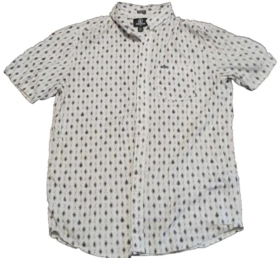 Volcom Camp Shirt Mens Medium Slim Beige Geometric Print Short Sleeve Button Up - Image 1 of 4