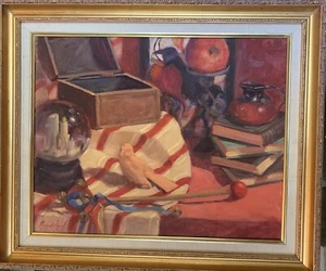 Stillleben mit Vögeln, Schneekugel in rot Original Öl, Aycock 16X20 - Bild 1 von 7