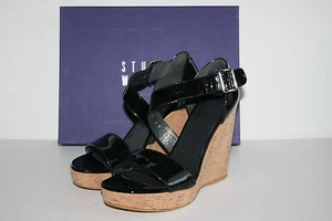 $398 BNIB Stuart Weitzman ONELINER Black Patent Leather Wedge Sandal 9.5 / 39.5 - Picture 1 of 7