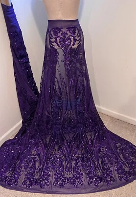 purple 4way stretch sequins Embroidery Mesh Lace fabric 50” Width 1  Yard - Image 1 of 4