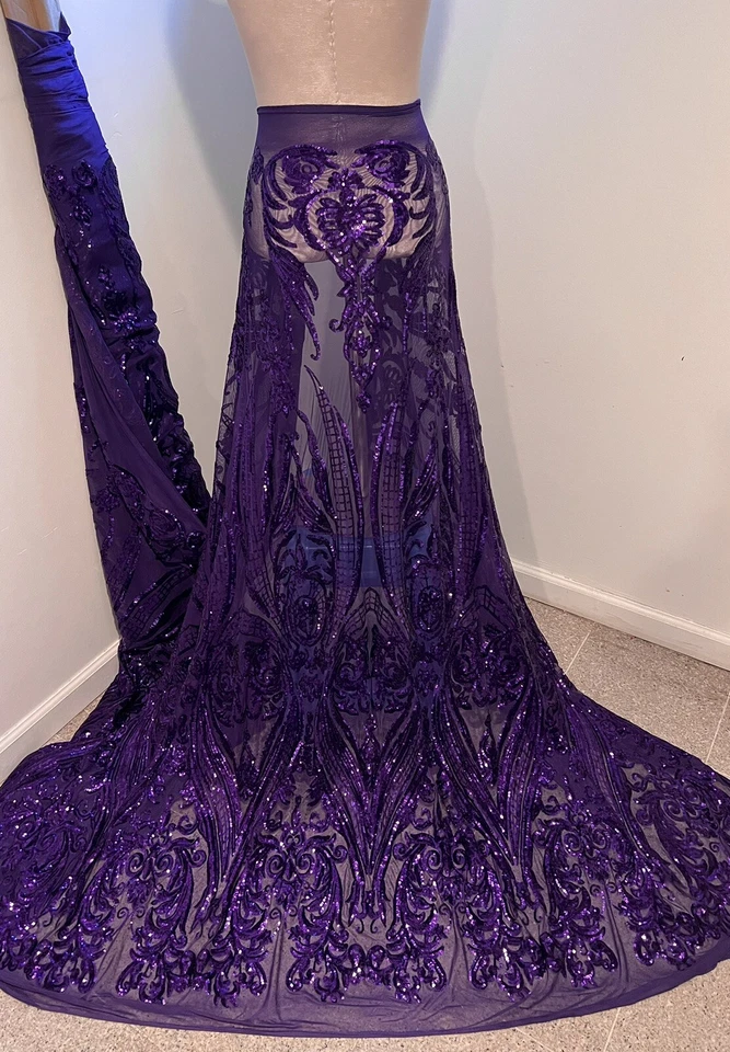 "Tela de encaje de malla bordada lentejuelas elásticas 4 vías púrpura 50"" ancho 1 yarda" Foto 1 de 4