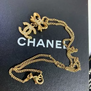 CHANEL Authentic Necklace Pendant Coco Mark Ribbon Motif Rhinestones w/Box, Card - Picture 1 of 14