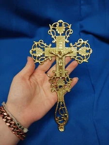 Catholic Religious Gifts High Polished Church Brass Cross Wall Crucifix 9 In - Picture 1 of 8