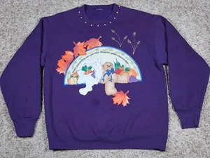 VTG 90s Womens Autumn Fall Bear Bunny Pumpkin Crewneck Grandma Core Sweatshirt L - Picture 1 of 7