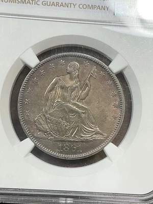 NGC MS61 1861 O SEATED HALF DOLLAR GREAT COLOR AND LUSTER VERY SCARCE DATE - Image 1 of 3
