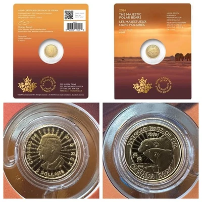 2024 Канада $5 1/10 унции золото 99,99 величественные полярные медведи в запечатанной упаковке   - Изображение 1 из 4