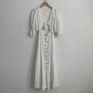 Free People Kleid XS Maxi Leinenmischung Cutout Puffärmel gesmokt gefüttert weiß - Bild 1 von 11