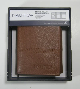 Nautica Men's Genuine Pebble Leather Trifold Wallet Tan RFID Protection - Picture 1 of 6