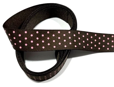3 yards 7/8" Small Pink Polka Dots on Black Grosgrain Ribbon 100% polyester - Image 1 of 4