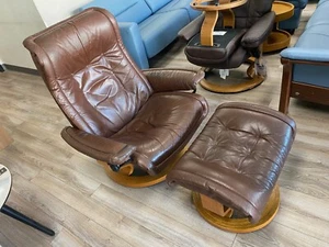 Brown Leather Stressless Royal Large Size Ergonomic Recliner Chair and Ottoman - Picture 1 of 9
