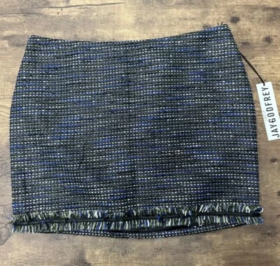 JAY GODFREY Black Blue White Tweed Fringe Mini Skirt US 8 NWT - Image 1 of 4