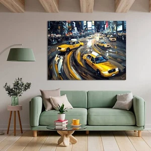 QUADRO MODERNO SKYLINE taxi NEW YORK MANHATT DIPINTO OLIO SU TELA painting night - Picture 1 of 3