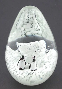 Vintage Glass Paperweight w/ Snow Design & Two Penguins - Picture 1 of 2