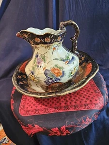 Antique Multicolored Bird & Floral Antique Wash Basin & Pitcher Very Beautiful. - Picture 1 of 16