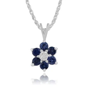 Floral Round Sapphire & Diamond Cluster Pendant in 9ct White Gold - Picture 1 of 1