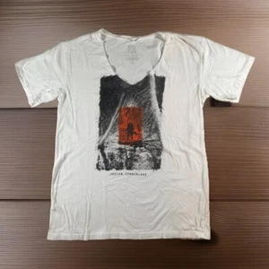 JUSTIN TIMBERLAKE T-Shirt Womens Medium White Graphic Cut Out Neck Pop Band Tee - Picture 1 of 6
