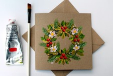 Real Painting: Handpainted Xmas Card "Christmas Wreath #24" w/env by Judith Rowe