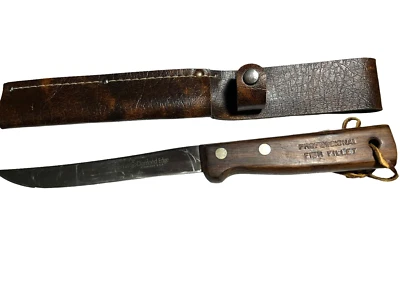 Cuchillo de filete de pescado profesional vintage borde de diamante imperial escudo de cuero A+++ Foto 1 de 4