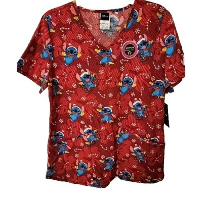 Christmas Theme Disney Stitch Scrub Size Large W/Pockets NWT stretch ultra soft  - Image 1 of 4