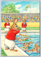 Bunny Rabbits at Swim Meet Race Fantasy Anthropomorphic Animals Medici Postcard