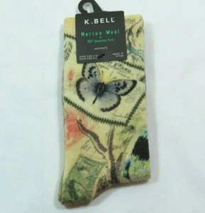  K Bell Womens Merino Wool Vintage Butterfly Post Cards Beige Crew Socks Sz 9-11 - Picture 1 of 2