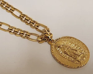 Large Oval Virgin Mary Charm Yellow Gold Plated & 30in Long Figaro  Chain Set - Picture 1 of 6