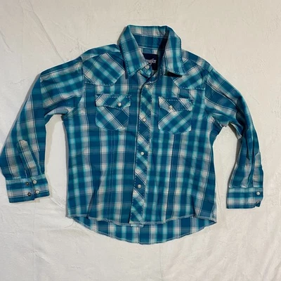 Camisa Wrangler Western Niños Pequeña Azul Blanco Cuadros Perla Frontal A Presión Manga Larga Foto 1 de 4