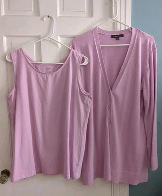 Conjunto de suéter y camiseta sin mangas cárdigan doble para mujer talla 1X lila 100 % algodón  Foto 1 de 4