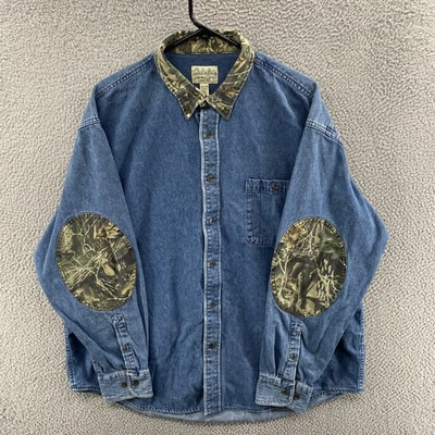 Рубашка мужская Cabelas 2XL синяя джинсовая камуфляжная нашивка на воротник уединение 3D охота - Изображение 1 из 4