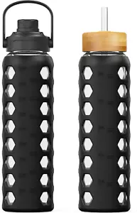 32Oz Glass Water Bottles with 2 Lids-Handle Spout Lid&Bamboo Straw Lid, Motivati - Picture 1 of 12
