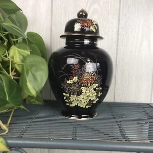 Barattolo zenzero vintage porcellana coperchio floreale nero bordo oro dinastia imperiale uomo - Foto 1 di 8