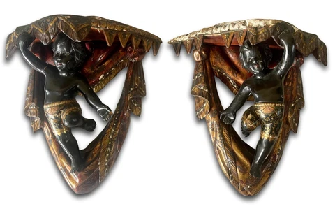 PAIR ANTIQUE VENETIAN CARVED POLYCROME BLACKMOORE WALL BRACKET SHELF. 19th Cover