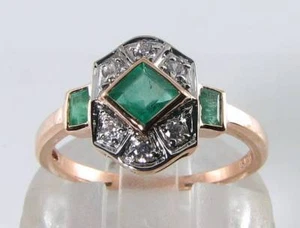 9K 9CT ROSE GOLD COLOMBIAN EMERALD DIAMOND ART DECO INS BEZEL SET RING FREE SIZE - Picture 1 of 7